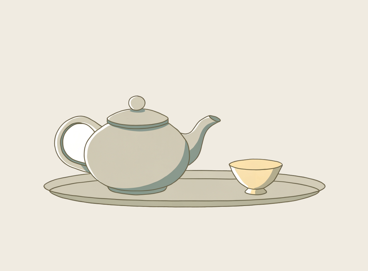 A teapot and teacup still life guided by muted sage, clay and oatmeal colors.