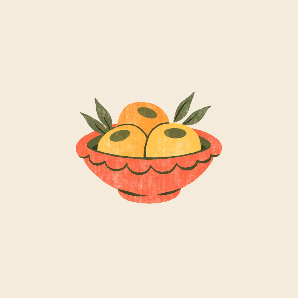 Palette-guided illustration of a ceramic bowl with oranges and leaves.