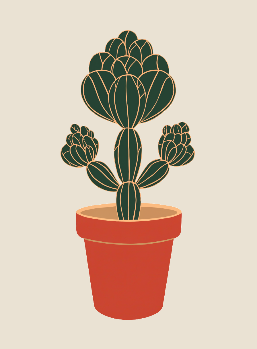 A single cactus in a terracotta pot on a light background.