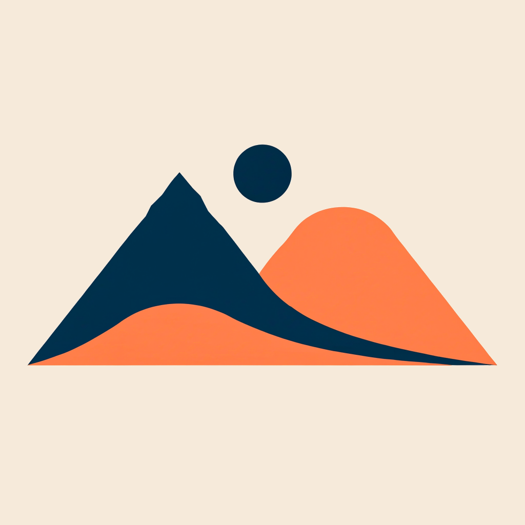 Simple mountain silhouettes and a round sun guided by dark blue and terracotta.